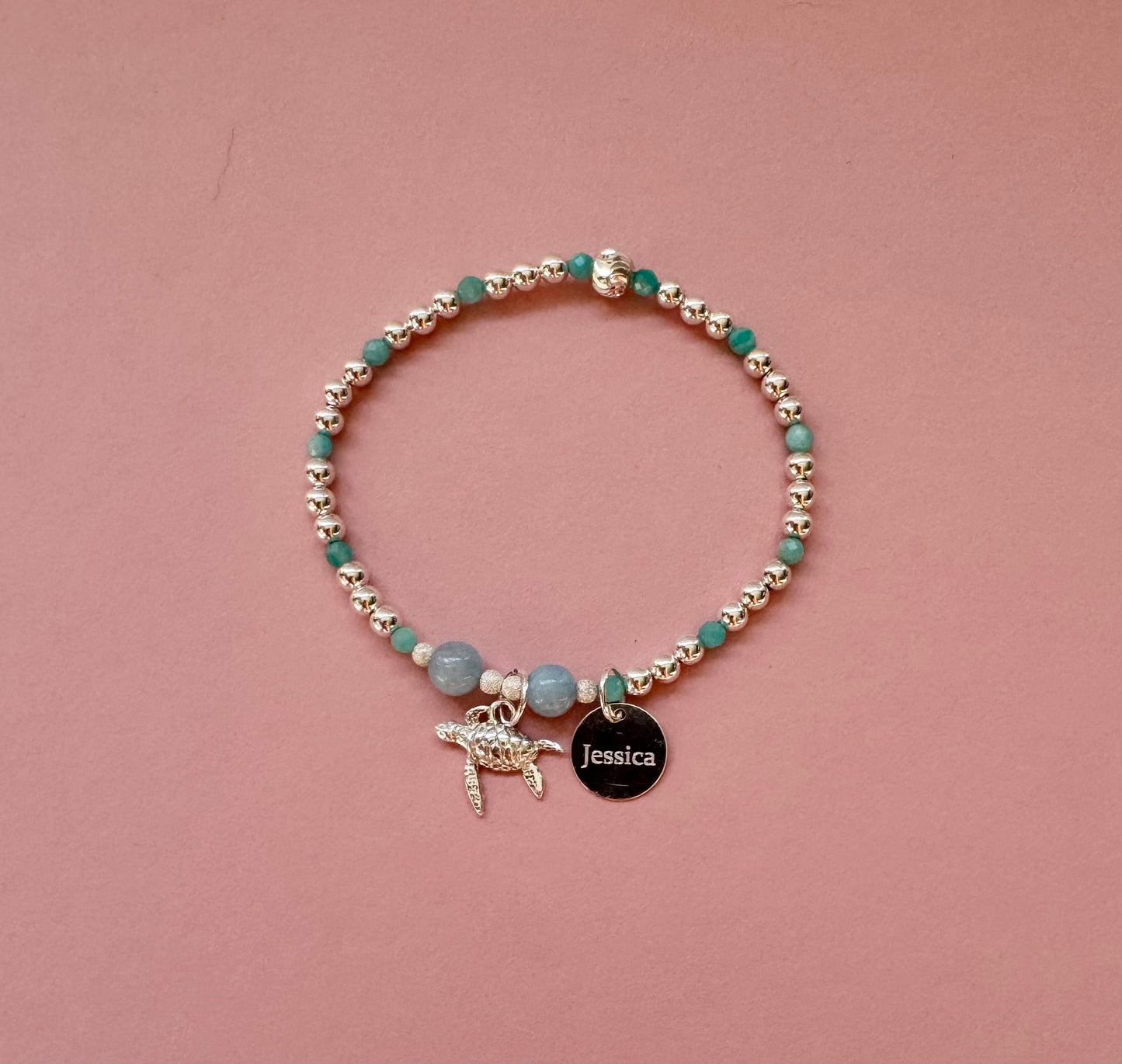 Personalised sterling silver and amazonite turtle bracelet